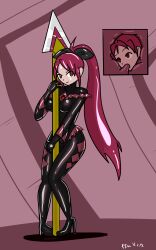  absurdres cameltoe cangkulretak empty_eyes erect_nipples femsub high_heels knees_together kyouko_sakura latex long_hair possession puella_magi_madoka_magica red_eyes red_hair spear tentacle_in_mouth tentacles weapon  rating:questionable score: user:kiuflorete