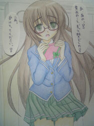 blush brown_hair femsub glasses green_eyes long_hair ohazikihime open_mouth original school_uniform text traditional translated rating:Safe score:10 user:hypno