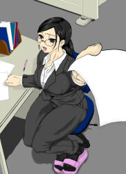 absurdres black_hair breasts chair cullingangelmiyata glasses large_breasts office_lady open_mouth original ponytail short_hair sitting rating:Questionable score:30 user:TheGoodShank