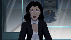 black_hair blue_eyes bow_tie cleavage dc_comics expressionless female_only femsub long_hair magician screenshot standing standing_at_attention super_hero young_justice zatanna_zatara rating:Safe score:9 user:hypno