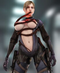 3d blonde_hair bobyshal bodysuit breasts capcom erect_nipples femsub glowing jill_valentine looking_at_viewer mask navel nipples open_clothes p30 ponytail resident_evil resident_evil_5 standing sweat tentacle_in_mouth tentacles rating:Explicit score:6 user:VortexMaster