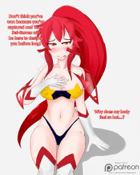 blush breasts corruption female_only femsub gurren_lagann large_breasts long_hair mephaustis ponytail red_hair text thigh_gap thighhighs tongue tongue_out yoko_littner rating:Questionable score:52 user:Mephaustis