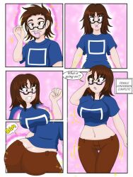 ass_expansion breast_expansion breasts brown_hair comic glasses kobi94 large_ass text transformation transgender rating:Questionable score:22 user:dkx45