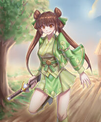 before_and_after belt boots brown_hair leebigtree original ribbon robe running smile sword trees twintails yellow_eyes rating:Safe score:22 user:aodh