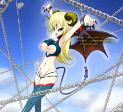 arms_above_head artist_request blonde_hair bondage breasts clothed_exposure corruption cum demon_futa elf_ears empty_eyes erect_nipples erection futa_only futanari futasub horns large_breasts nipple_cutout nipples open_clothes original penis penis_tail purification solo text thighhighs translation_request wings yellow_eyes rating:Explicit score:8 user:hypno