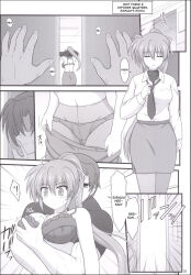 bra breast_grab huge_breasts magic magical_girl_lyrical_nanoha monochrome pantyhose ponytail signum tagme text translated underwear undressing rating:Explicit score:8 user:L12@