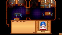 alternate_color_scheme alternate_hair_color breasts corruption emily_(stardew_valley) femdom femsub haley_(stardew_valley) huge_breasts hypnotic_eyes long_hair red_eyes resisting screenshot short_hair stardew_valley text vampire rating:Questionable score:17 user:Kyrid