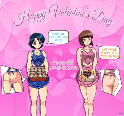 absurdres apron blue_eyes bottomless breasts brown_eyes brown_hair charm_(spell) crossover dlobo777 femsub happy_trance heart heart_eyes large_breasts nabiki_tendo naked_apron ranma_1/2 sailor_mercury sailor_moon_(series) short_hair stepfordization symbol_in_eyes text valentine's_day rating:Questionable score:81 user:daveyboysmith9