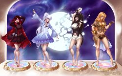 absurdres bare_legs barefoot black_hair blake_belladonna blonde_hair cape dress female_only femsub hand_on_hip happy_trance long_hair mezzberry midriff multiple_girls nail_polish purple_hair red_hair ruby_rose rwby scarf shorts skirt spiral_eyes statue symbol_in_eyes weiss_schnee white_hair yang_xiao_long rating:Questionable score:82 user:Mezzberry