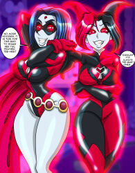 absurdres alternate_costume batman_(series) breasts corruption dc_comics female_only femdom femsub happy_trance harley_quinn large_breasts multicolored_hair raven smile super_hero teen_titans text twintails western zorro-zero rating:Safe score:58 user:zorro