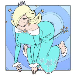 bent_over blonde_hair clothed collarbone crown dress earrings efalabrino eye_roll female_only femsub floating hair_covering_one_eye heavy_eyelids magic_wand nintendo princess princess_rosalina ring_background shoes simple_background smile solo sparkle super_mario_bros. super_mario_galaxy unfocused_eyes rating:Safe score:87 user:wokeat4am