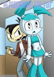 bbmbbf black_eyes black_hair blue_skirt cables comic heterosexual jacket jeans jenny_wakeman miniskirt my_life_as_a_teenage_robot nickelodeon remote_control robot robot_girl sheldon_oswald_lee skirt standing tech_control text rating:Safe score:43 user:Cripic