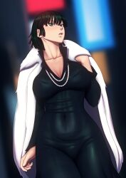 breasts clothed coat dress female_only femsub fubuki_(one_punch_man) green_eyes green_hair john_doe large_breasts necklace one_punch_man short_hair solo rating:Questionable score:70 user:BilboBalob23