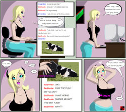 blonde_hair blue_eyes breast_expansion comic computer cow_girl femsub harlequin141 horns huge_breasts large_breasts leggings maledom midriff original tank_top text transformation yoga_pants rating:Questionable score:56 user:Sleepyhead97