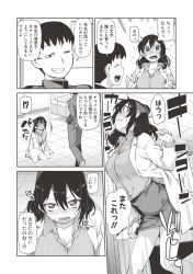 absurdres akitsuki_itsuki blush breasts cleavage comic embarrassed femsub greyscale kneeling large_breasts long_hair maledom open_mouth original short_hair sweat text translated trigger rating:Safe score:31 user:Mindwipe