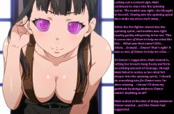 black_hair blush breasts caption cleavage female_only femsub fire_force ghost13_(writer) happy_trance icontrol_(manipper) large_breasts long_hair looking_at_viewer maki_oze manip screenshot smile solo spiral_eyes suspenders symbol_in_eyes text rating:questionable score: user:icontrol