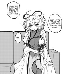 absurdres blush breast_grab breasts coin dazed empty_eyes etlabsotwe expressionless female_only femsub greyscale groping hat open_mouth pendulum sitting text touhou yukari_yakumo rating:Questionable score:71 user:Etlabsotwe
