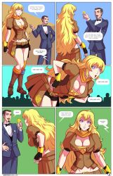 absurdres arabatos blonde_hair breasts chicken_pose cleavage comic expressionless femsub large_breasts long_hair maledom midriff original pet_play purple_eyes rwby shrunken_irises stage_hypnosis text western yang_xiao_long rating:Questionable score:209 user:Mindcollector13