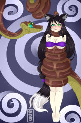 absurdres animal_ears barefoot black_hair blush breasts coils disney dog_girl enetheligthingdancer happy_trance hypnotic_eyes kaa kaa_eyes large_breasts lucy_(nobledragon12) smile snake spiral tail the_jungle_book very_long_hair wolf_girl rating:Questionable score:71 user:Mooox59