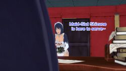 black_hair clothed dialogue dogdog english_text female_only femsub food maid maid_headdress naruto_(series) purple_eyes shizune solo text rating:Explicit score:3 user:Bootyhunter69