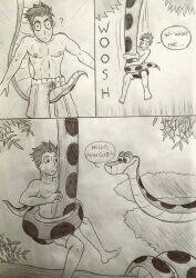 barefoot coils comic dialogue disney feger23 greyscale kaa male_only maledom malesub monochrome short_hair smile snake surprised swimsuit text the_jungle_book topless traditional rating:Safe score:20 user:Feger24