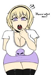 bimbofication black_lipstick blonde_hair brain_drain breasts cleavage color-spark homestuck large_breasts lipstick panties purple_eyes rose_lalonde text thighhighs underwear rating:questionable score: user:minguskingus