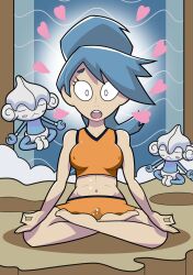 abs absurdres barefoot battle_girl_(pokemon) blue_hair erect_nipples feet female_only femsub glowing glowing_eyes kyrielle meditite midriff nintendo open_mouth pokemon pokemon_(creature) pokemon_omega_ruby_and_alpha_sapphire pussy_juice self_hypnosis western rating:Questionable score:93 user:Kyrielle