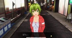 3d arms_behind_back breasts custom_maid_3d_2 dialogue empty_eyes green_eyes green_hair jacket open_mouth shirt short_hair shorts surprised text translated xenon3131_mc rating:Safe score:7 user:kegmeg