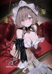  aware bare_shoulders blush breasts brown_hair cleavage confused couch female_only femsub genshin_impact gloves long_hair maid_headdress pendulum sandrone_(genshin_impact) signature sitting solo spiral_eyes sweat symbol takeno_omoti text thighs undressing  rating:questionable score: user:reisawatori
