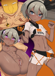  bea_(pokemon) before_and_after blush bottomless bow breasts censored dark_skin femsub grey_hair headband heart heart_eyes heterosexual hypno maledom nintendo nt00 nude open_mouth pendulum pokemon pokemon_sword_and_shield small_breasts symbol_in_eyes topless  rating:explicit score: user:plsignore