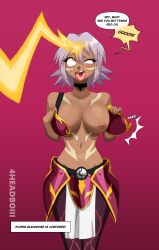 .hack//_(series) 4headboiii absurdres armor bare_shoulders beam black_rose_(.hack//) brain_drain breasts choker cleavage clothed confused dark_skin dialogue eye_roll femsub gameplay_mechanics hourglass_figure large_breasts looking_at_viewer navel nipples open_mouth pink_background pink_hair short_hair shrunken_irises signature simple_background speech_bubble standing text tongue tongue_out undressing user_interface video_game yellow_eyes rating:Explicit score:77 user:Sol420