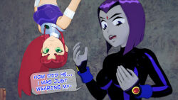 black_hair clothed confused dc_comics dialogue dogdog english_text floating goth green_eyes grey_skin multiple_girls purple_eyes purple_hair raven red_hair starfire text rating:Safe score:2 user:Bootyhunter69