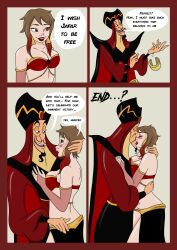 absurdres aladdin_(series) breasts brown_hair cleavage comic corruption disney femsub genie harem_outfit jafar kaeriia kissing large_breasts lipstick makeup maledom multicolored_hair original red_eyes red_hair short_hair text rating:Questionable score:51 user:TheGoodShank