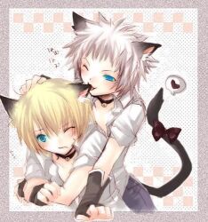  111_(manipper) bell_collar blonde_hair cat_boy collar glowing glowing_eyes male_only maledom malesub manip ribbon short_hair tail white_hair yaoi  rating:safe score: user:111