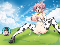 absurdres animal_ears bottomless breast_grab breasts cow_girl cow_print cowbell crystal_(zko) drool erect_nipples female_only femsub gloves groping high_heels horns huge_breasts lactation legs milk milking nipples open_mouth opera_gloves original pink_hair pussy pussy_juice solo spiral_eyes spread_legs squirting symbol_in_eyes tail thighhighs tongue tongue_out topless xbonyx rating:Explicit score:125 user:buddyboi