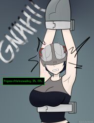  arms_above_head black_hair breasts comic dialogue electricity femsub helmet infamous lucy_kuo mind_break restrained tech_control text thesalazar  rating:questionable score: user:jimin