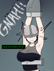 arms_above_head black_hair bondage breasts comic dialogue electricity femsub helmet infamous lucy_kuo mind_break restrained tech_control text thesalazar rating:questionable score: user:jimin