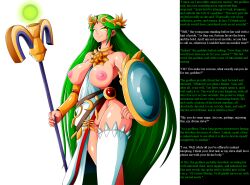 assertive_sub bare_shoulders bottomless breasts breasts_outside caption corruption female_only femsub ghost13_(writer) glowing glowing_eyes goddess green_hair happy_trance huge_breasts icontrol_(manipper) jewelry kid_icarus large_breasts long_hair maledom manip necklace nintendo nipples nude open_clothes palutena shield smile solo staff standing text thighhighs topless very_long_hair witchking00 rating:Explicit score:182 user:Icontrol