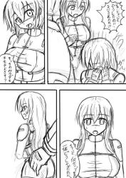 blush bodysuit comic drool female_only femsub greyscale long_hair monochrome moritanian multiple_girls open_mouth parasite short_hair text translated rating:Questionable score:8 user:hypno