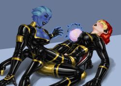 absurdres ahegao alien_girl asari black_lipstick black_sclera blue_skin blush bodysuit boots breasts cleavage collar commander_shepard corruption erect_nipples exposed_chest female_only femsub freckles happy_trance high_heels large_breasts latex liara_t'soni lipstick long_hair mass_effect red_hair rotem_dishon simple_background slime smile tech_control thigh_boots visor whitewash_eyes yuri rating:Explicit score:58 user:Rotem_Dishon