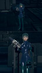 3d abs blue_eyes blue_hair bodysuit boots comic female_only gloves gun hair_ornament latex murochi-san opera_gloves original ponytail rubber solo standing thighhighs weapon rating:Safe score:1 user:VortexMaster