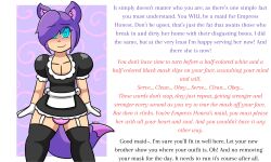 blush caption clothed crossdressing daisy-pink71 femdom feminization glowing glowing_eyes happy_trance honest_(manipper) kitty_(trippy's_kitty) maid malesub manip pov pov_sub purple_hair short_hair smile spiral_eyes symbol_in_eyes text thighhighs rating:questionable score: user:serin126