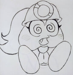 female_only femsub goombella greyscale itemshoplifter nintendo paper_mario paper_mario:_the_thousand_year_door ponytail sitting spiral_eyes super_mario_bros. symbol_in_eyes rating:safe score: user:hypno-daisy