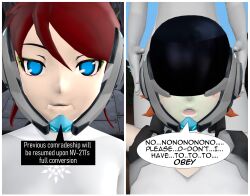 3d absurdres collar comic female_only femsub graybot nora_valkyrie ponytail pyrrha_nikos red_hair rwby tech_control tepmarmy text rating:Questionable score:9 user:YuriLover2