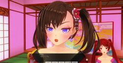 3d blue_eyes blush brown_hair dialogue female_only kamen_writer_mc kimono mc_trap_town multiple_girls red_hair rina_(mc_trap_town) screenshot text twintails rating:Questionable score:6 user:Amazingbrahjr