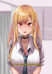 amagiri_miki blonde_hair blush breasts choker cleavage collarbone drool earrings empty_eyes expressionless femsub hard_translated large_breasts long_hair maledom marin_kitagawa my_dress-up_darling open_mouth red_eyes school_uniform text tie tongue translated rating:Safe score:44 user:roseateheart
