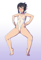 artist_request barefoot black_hair blush breasts female_only haigure leotard mitsuha_miyamizu open_mouth ponytail see-through small_breasts solo spread_legs tiptoes unhappy_trance your_name rating:Questionable score:6 user:Sleepyhead97