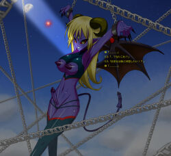 arms_above_head artist_request blonde_hair bondage breasts clothed_exposure demon_futa elf_ears erect_nipples futa_only futanari horns large_breasts nipple_cutout nipples open_clothes original penis penis_tail solo text thighhighs translated wings yellow_eyes rating:Explicit score:7 user:hypno