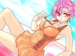 881000 breasts empty_eyes glasses pink_eyes pink_hair sitting swimsuit rating:Safe score:7 user:hypno
