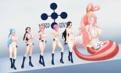  absurdres blue_hair boa_hancock boots breasts enemy_conversion female_only femsub fish_girl happy_trance mermaid multiple_girls multiple_subs nefertari_vivi one-piece_swimsuit one_piece pink_hair princess_shirahoshi rebecca_(one_piece) swimsuit vinsmoke_reiju viola_(one_piece) zapaba  rating:questionable score: user:goldengang-star